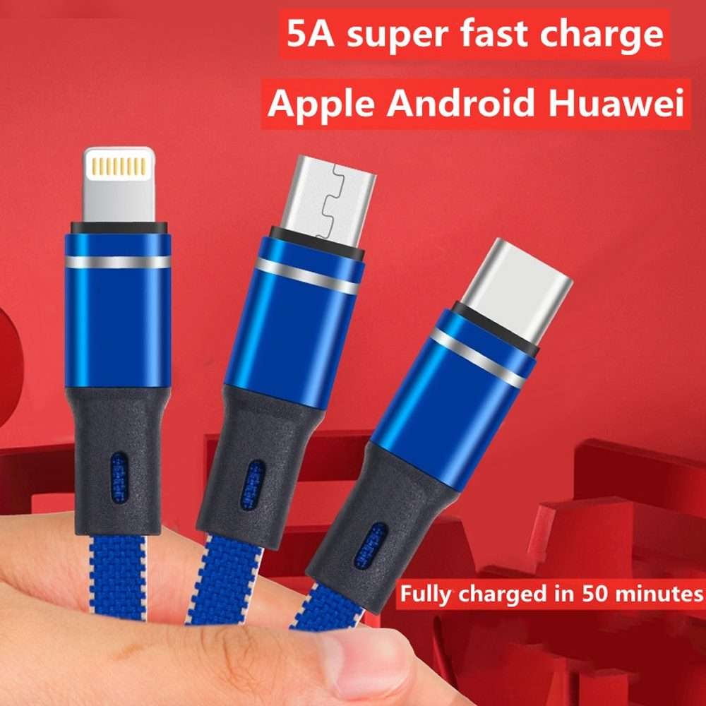 XJ-76 40W 5A 3 in 1 USB to 8 Pin + Type-C + Micro USB Super Flash Charging Cable, Len ... (Colour)