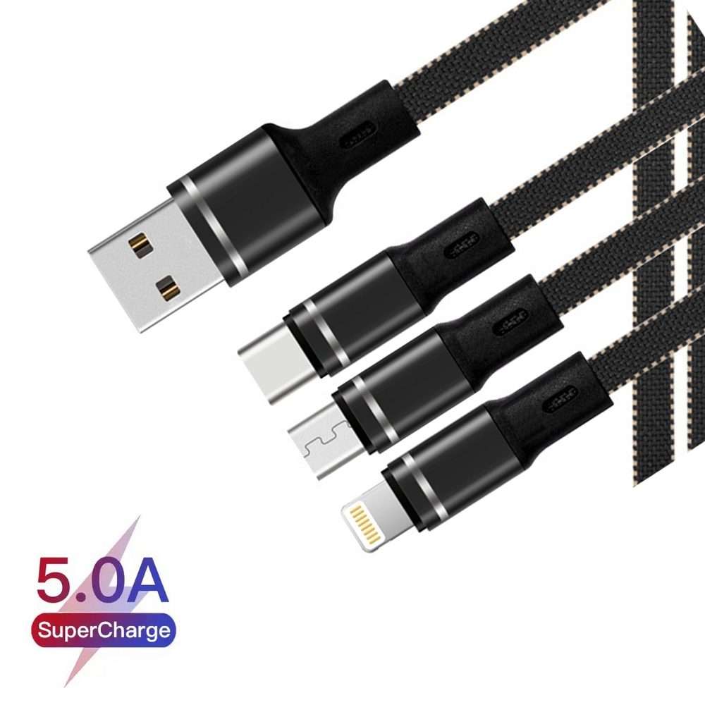 XJ-76 40W 5A 3 in 1 USB to 8 Pin + Type-C + Micro USB Super Flash Charging Cable, Leng ... (Black)
