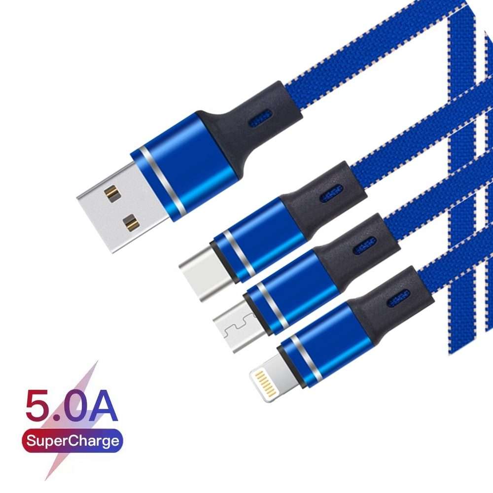 XJ-76 40W 5A 3 in 1 USB to 8 Pin + Type-C + Micro USB Super Flash Charging Cable, Lengt ... (Blue)
