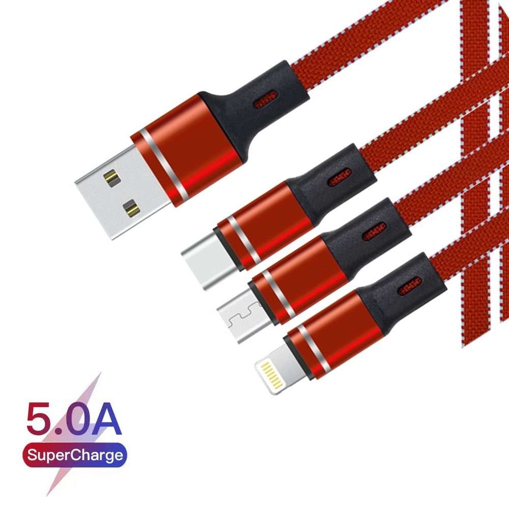 XJ-76 40W 5A 3 in 1 USB to 8 Pin + Type-C + Micro USB Super Flash Charging Cable, Length ... (Red)