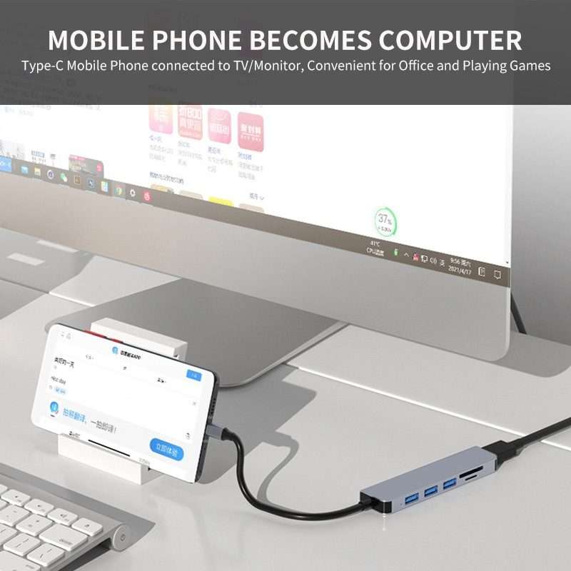 JUNSUNMAY 6 in 1 Type-C to 4K HDMI Docking Station Adapter USB-C Hub SD/TF Card Reader