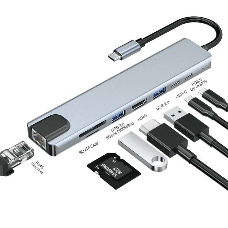 JUNSUNMAY 8 in 1 Type-C to 4K HDMI / Ethernet Docking Station Adapter PD Quick Charge Hub SD/TF Ca