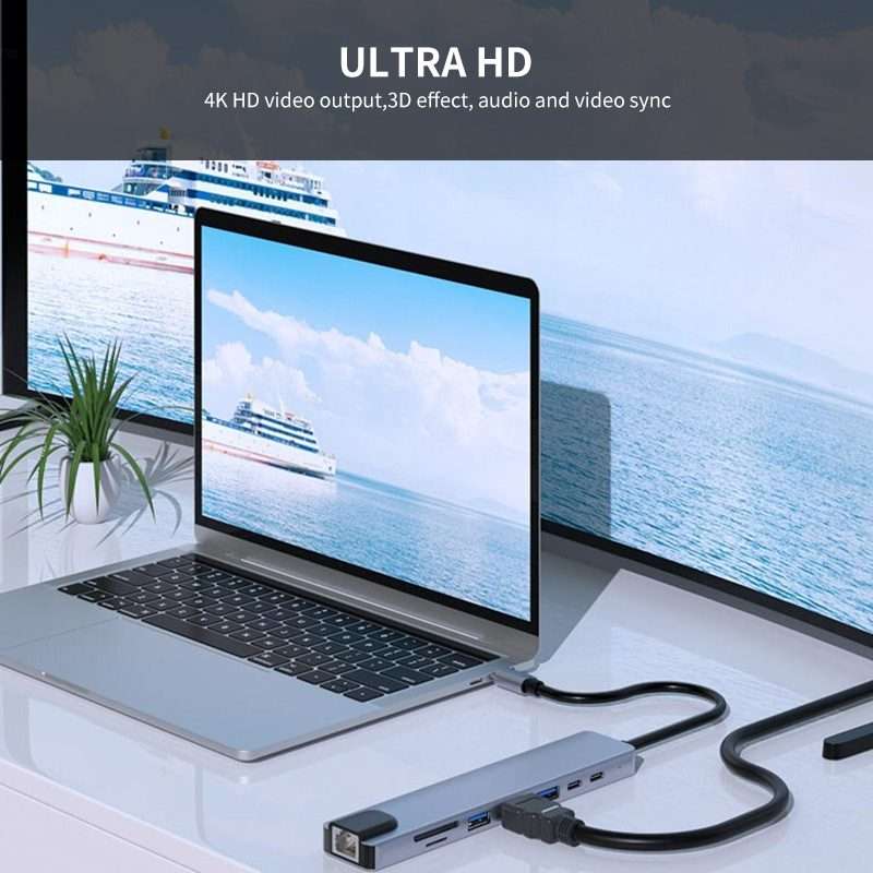 JUNSUNMAY 8 in 1 Type-C to 4K HDMI / Ethernet Docking Station Adapter PD Quick Charge Hub SD/TF Ca