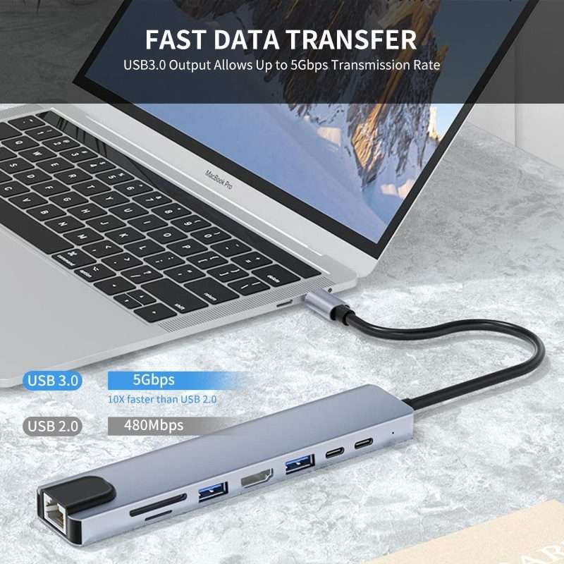JUNSUNMAY 8 in 1 Type-C to 4K HDMI / Ethernet Docking Station Adapter PD Quick Charge Hub SD/TF Ca