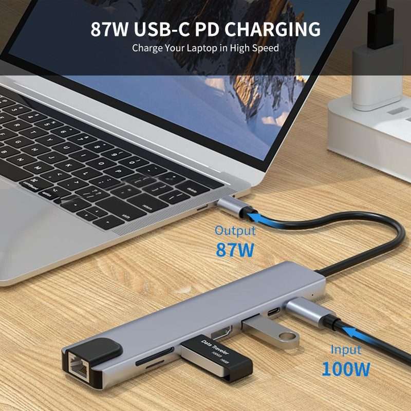 JUNSUNMAY 8 in 1 Type-C to 4K HDMI / Ethernet Docking Station Adapter PD Quick Charge Hub SD/TF Ca