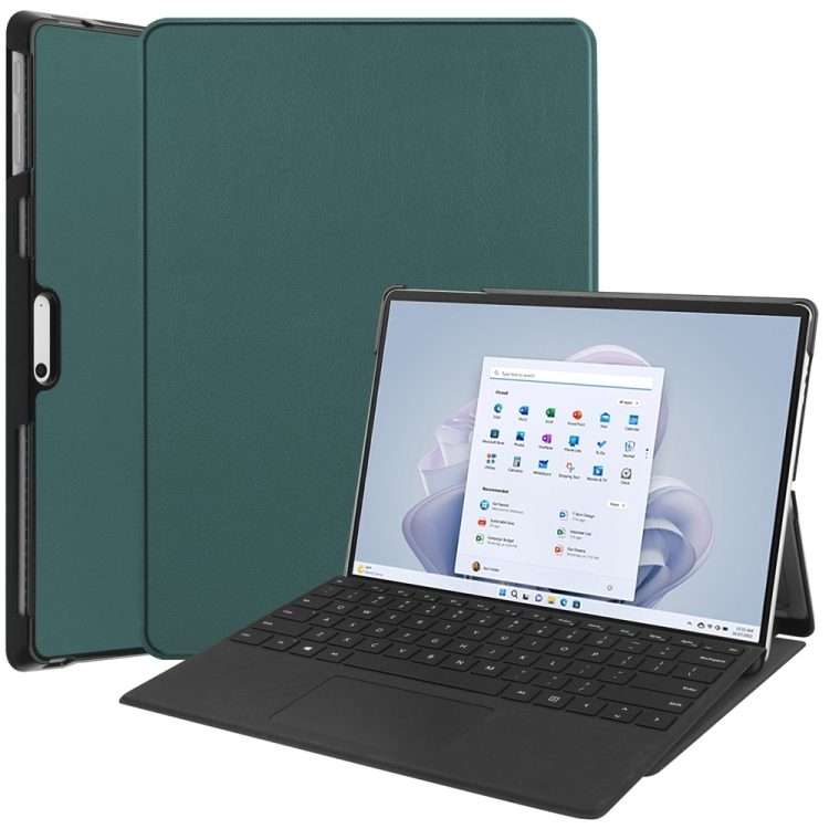 For Microsoft Surface Pro 9 JUNSUNMAY Custer Solid Color 3-Fold Stand Leather Tab ... (Dark Green)