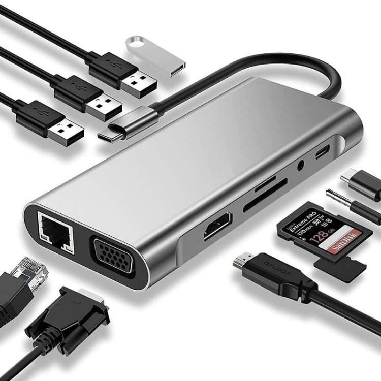 USB C HUB, USB C Adapter 11 in 1 Dongle with 4K HDMI, VGA, Type C PD, USB3.0, RJ45 Ethernet, SD/TF