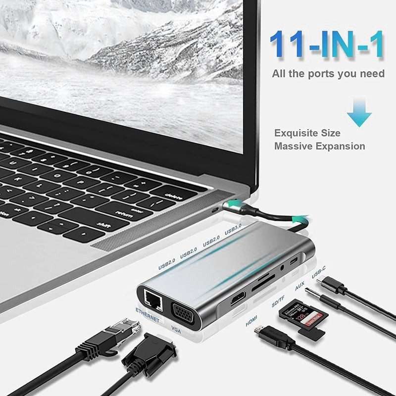 USB C HUB, USB C Adapter 11 in 1 Dongle with 4K HDMI, VGA, Type C PD, USB3.0, RJ45 Ethernet, SD/TF