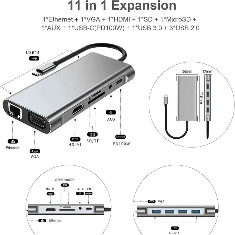 USB C HUB, USB C Adapter 11 in 1 Dongle with 4K HDMI, VGA, Type C PD, USB3.0, RJ45 Ethernet, SD/TF