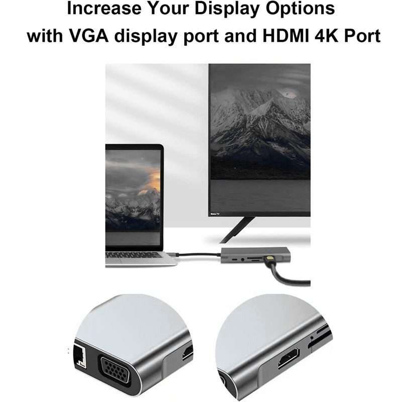 USB C HUB, USB C Adapter 11 in 1 Dongle with 4K HDMI, VGA, Type C PD, USB3.0, RJ45 Ethernet, SD/TF