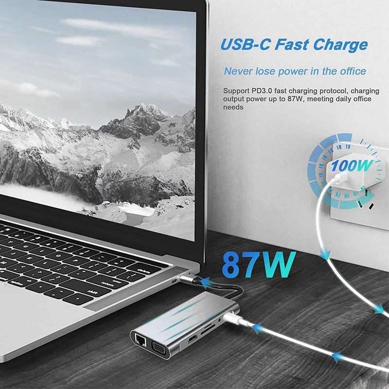 USB C HUB, USB C Adapter 11 in 1 Dongle with 4K HDMI, VGA, Type C PD, USB3.0, RJ45 Ethernet, SD/TF