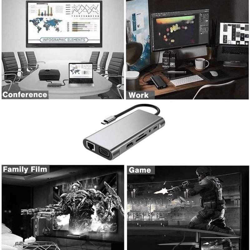 USB C HUB, USB C Adapter 11 in 1 Dongle with 4K HDMI, VGA, Type C PD, USB3.0, RJ45 Ethernet, SD/TF
