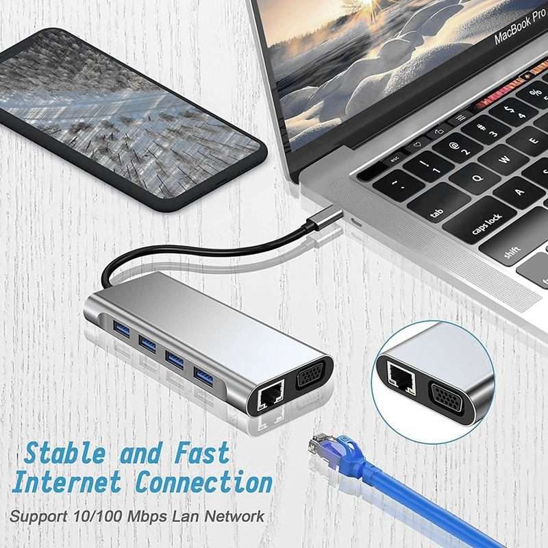 USB C HUB, USB C Adapter 11 in 1 Dongle with 4K HDMI, VGA, Type C PD, USB3.0, RJ45 Ethernet, SD/TF