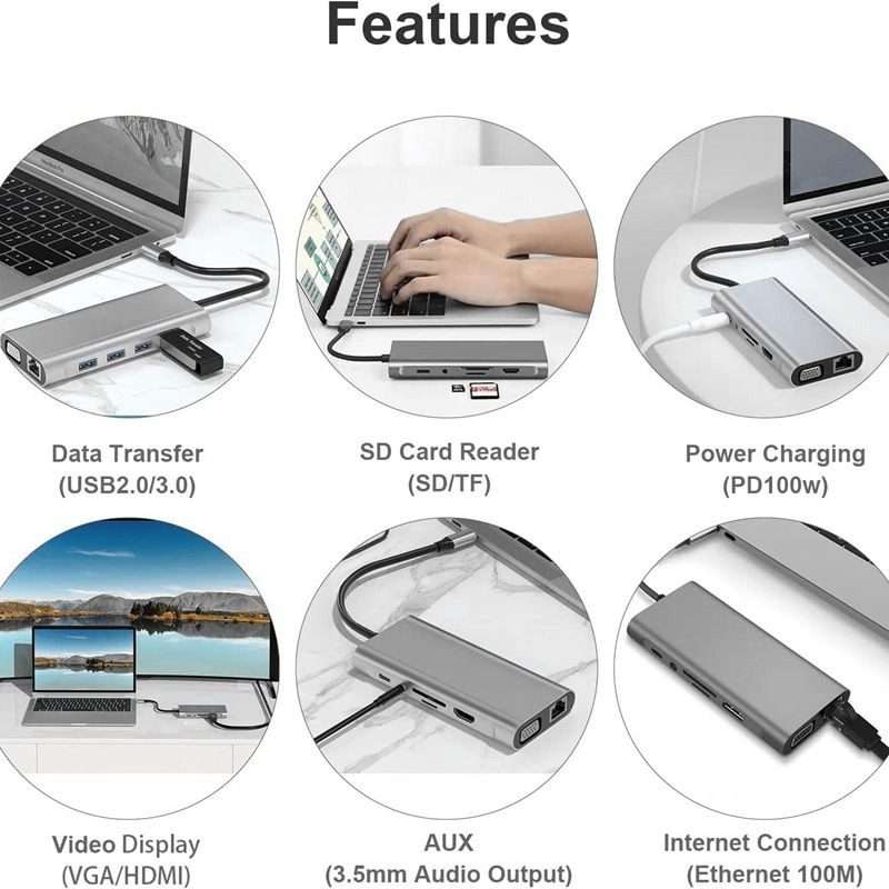 USB C HUB, USB C Adapter 11 in 1 Dongle with 4K HDMI, VGA, Type C PD, USB3.0, RJ45 Ethernet, SD/TF