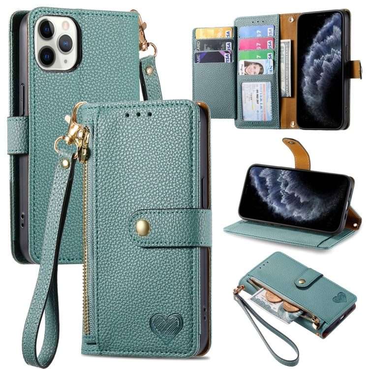 For iPhone 11 Pro Love Zipper Lanyard Leather Phone Case(Green)