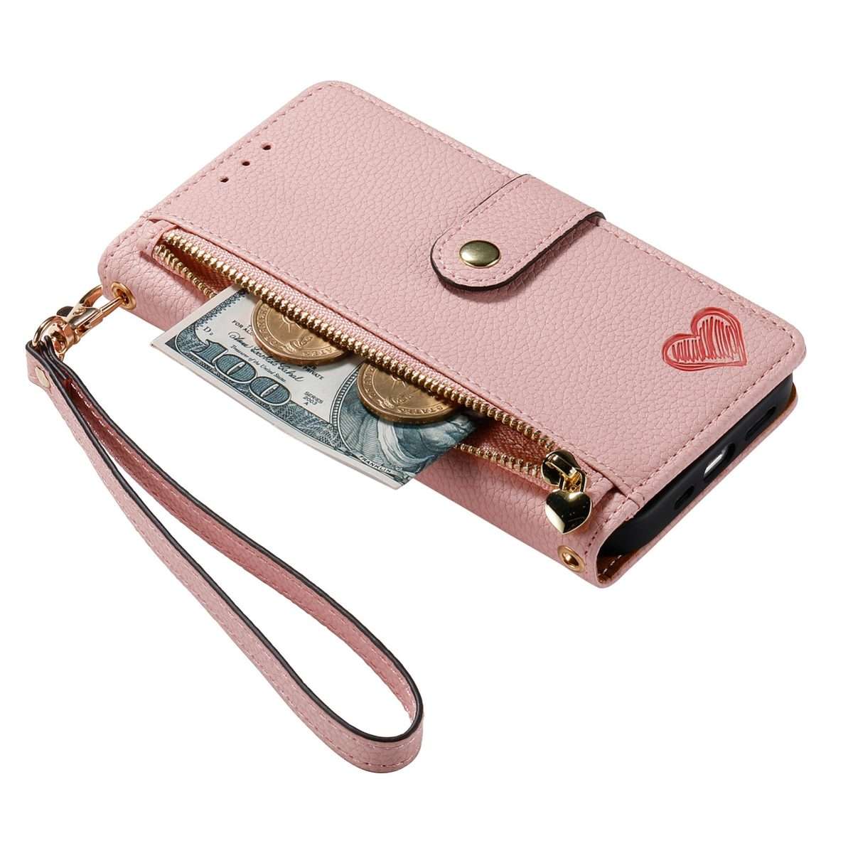For iPhone 11 Pro Max Love Zipper Lanyard Leather Phone Case(Pink)
