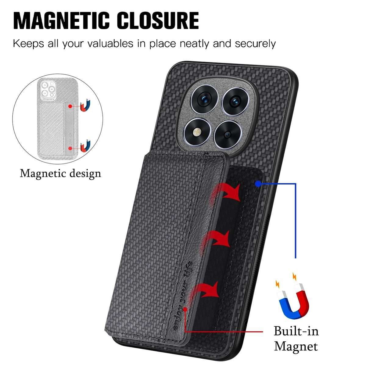 For Redmi Note 14 Pro+ 5G Carbon Fiber Magnetic Card Bag Phone Case(Black)