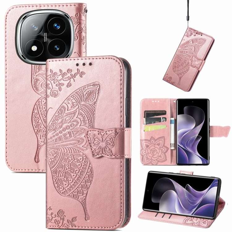 For Xiaomi Redmi Note 14 Pro 5G Butterfly Love Flower Embossed Leather Phone Case(Rose Gold)