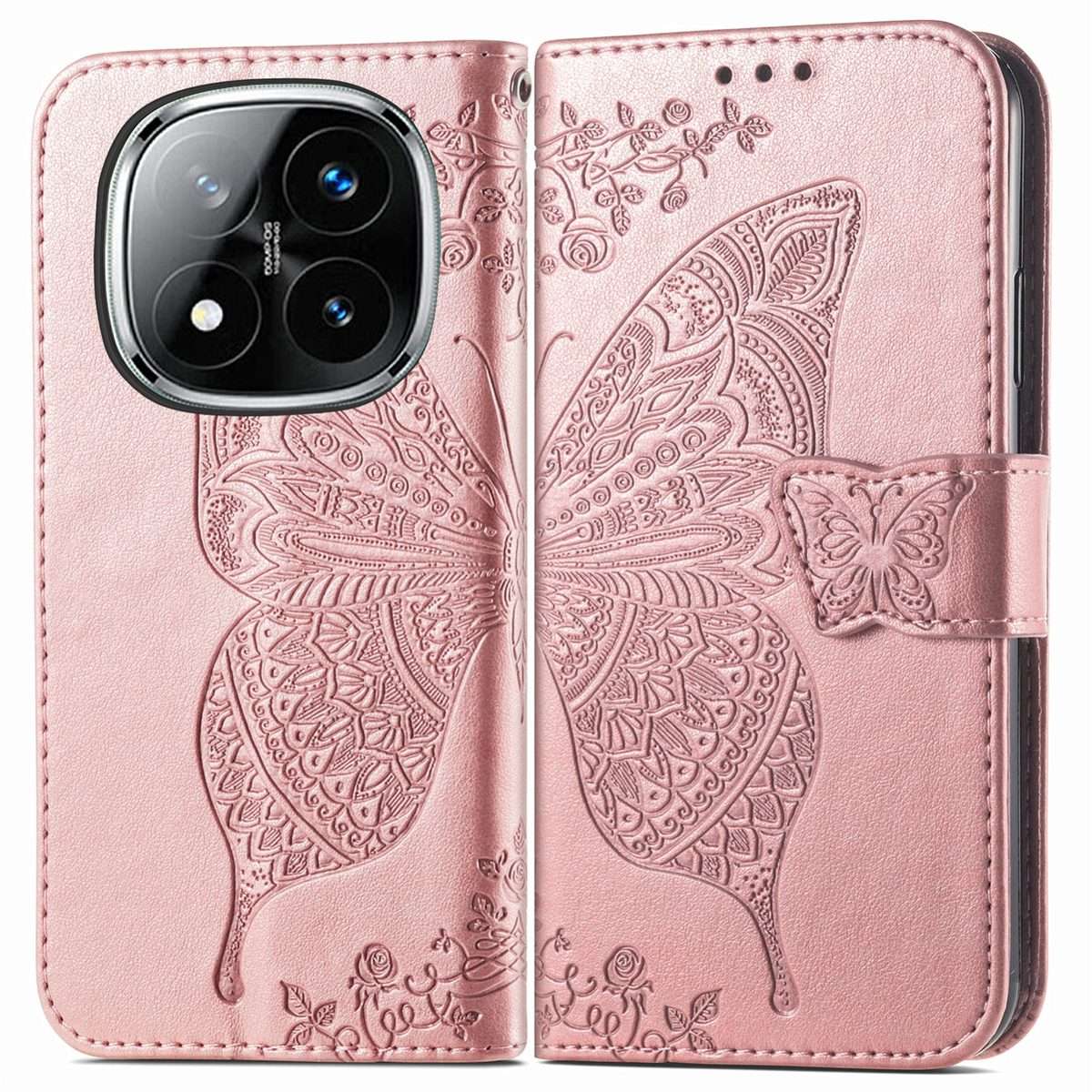 For Xiaomi Redmi Note 14 Pro 5G Butterfly Love Flower Embossed Leather Phone Case(Rose Gold)