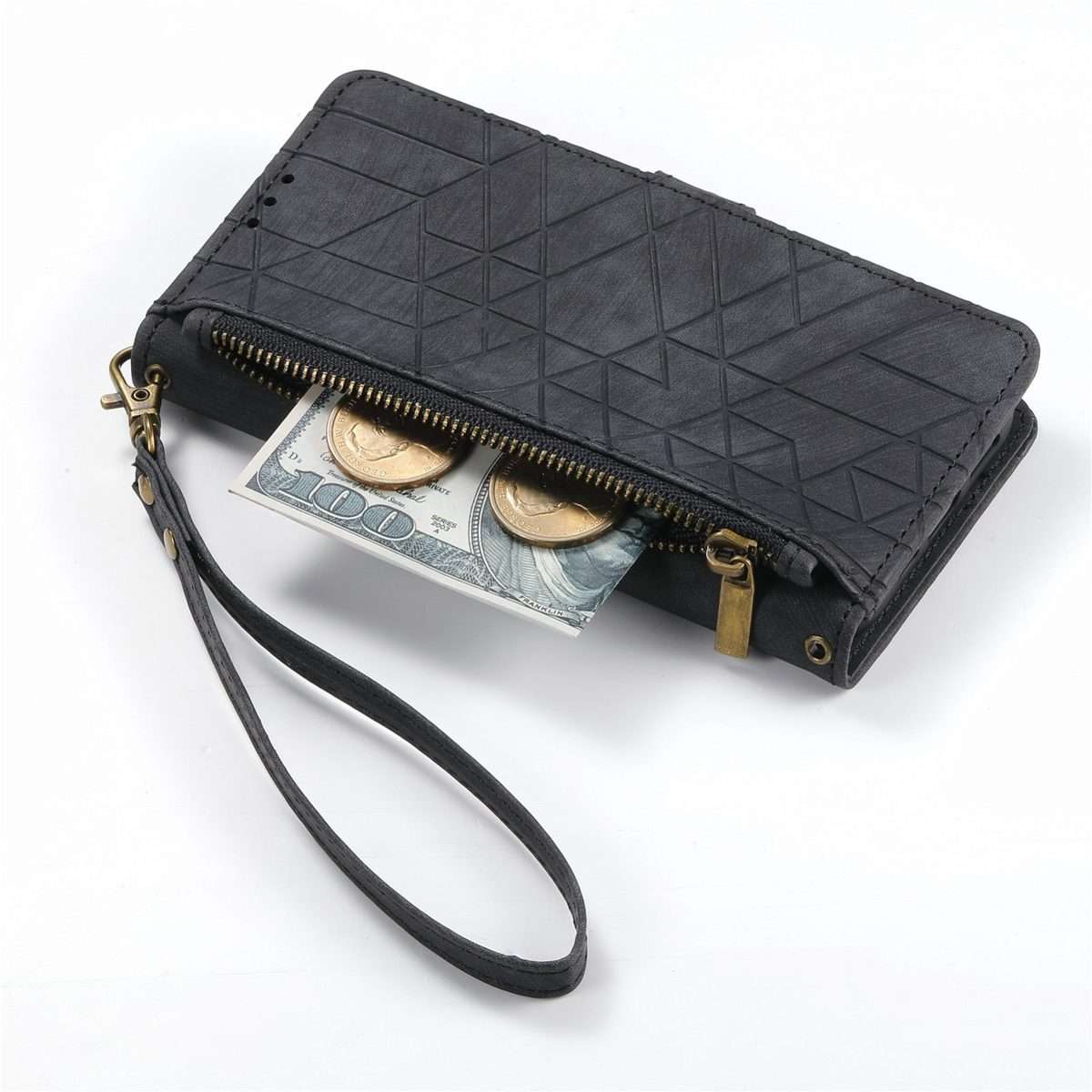For iPhone 12 / 12 Pro Geometric Zipper Wallet Side Buckle Leather Phone Case(Black)