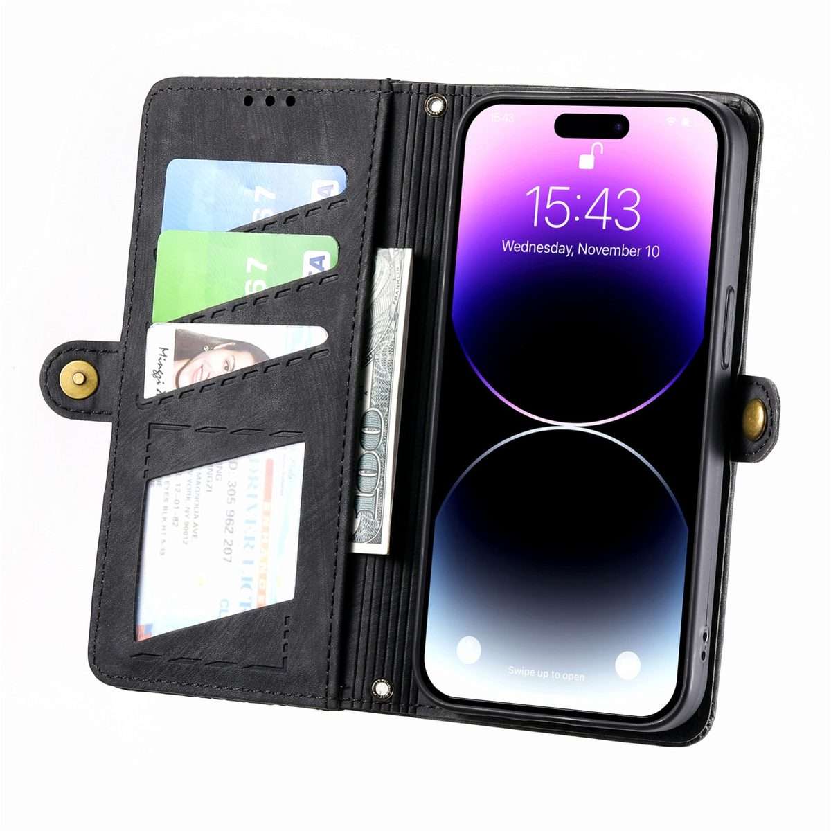 For iPhone 12 Pro Max Geometric Zipper Wallet Side Buckle Leather Phone Case(Black)