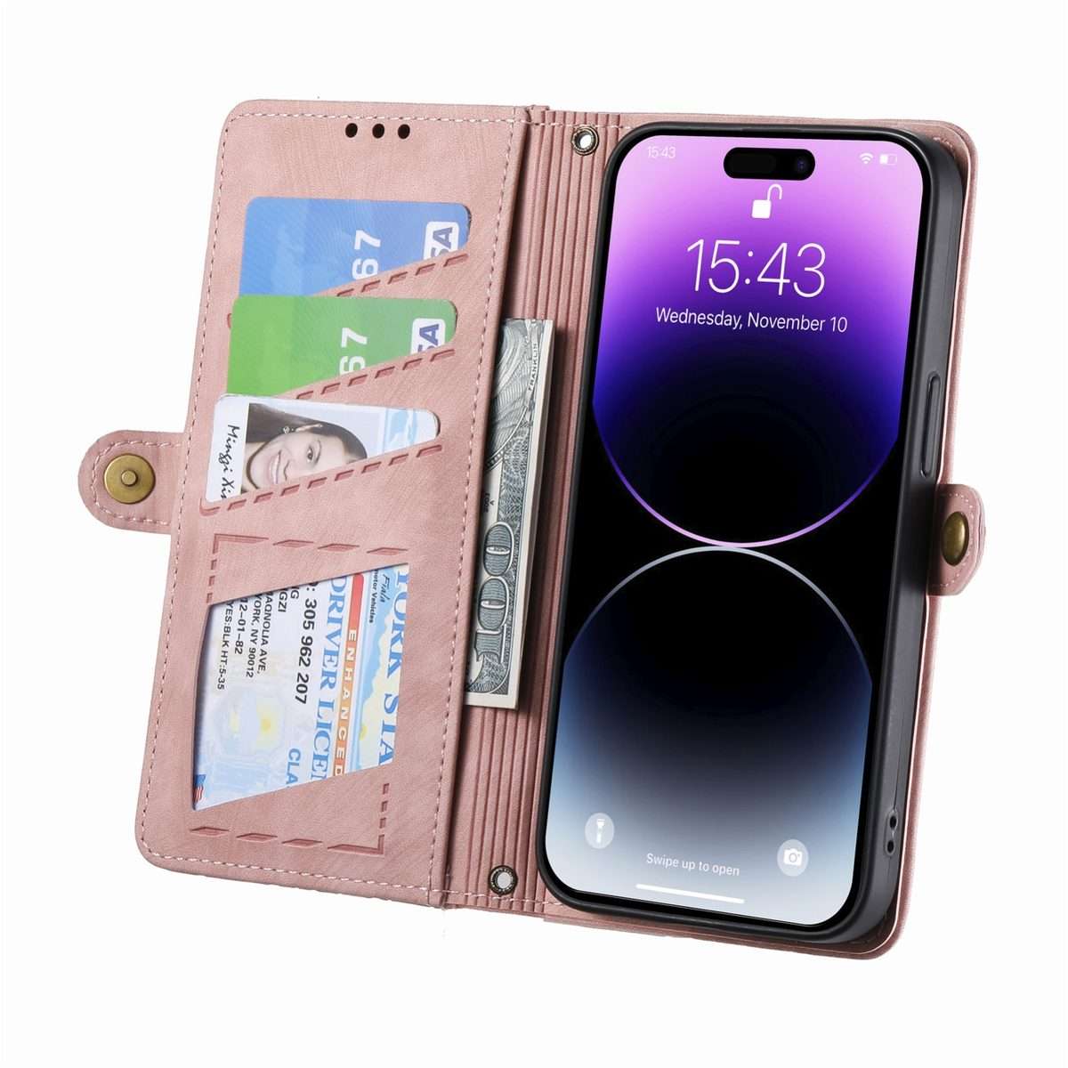 For iPhone 11 Pro Geometric Zipper Wallet Side Buckle Leather Phone Case(Pink)