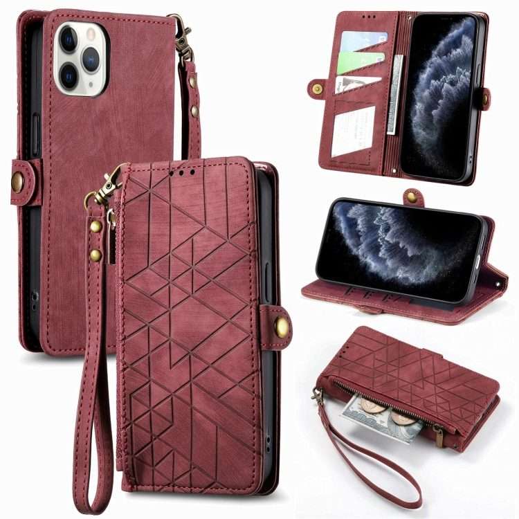 For iPhone 11 Pro Max Geometric Zipper Wallet Side Buckle Leather Phone Case(Red)