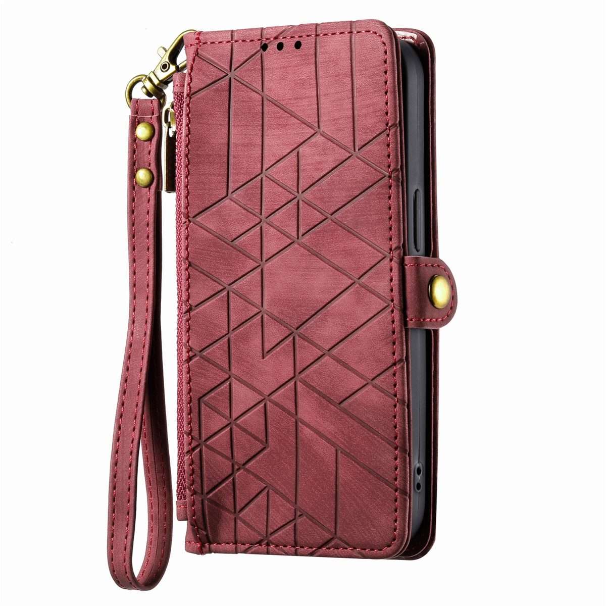For iPhone 11 Pro Max Geometric Zipper Wallet Side Buckle Leather Phone Case(Red)
