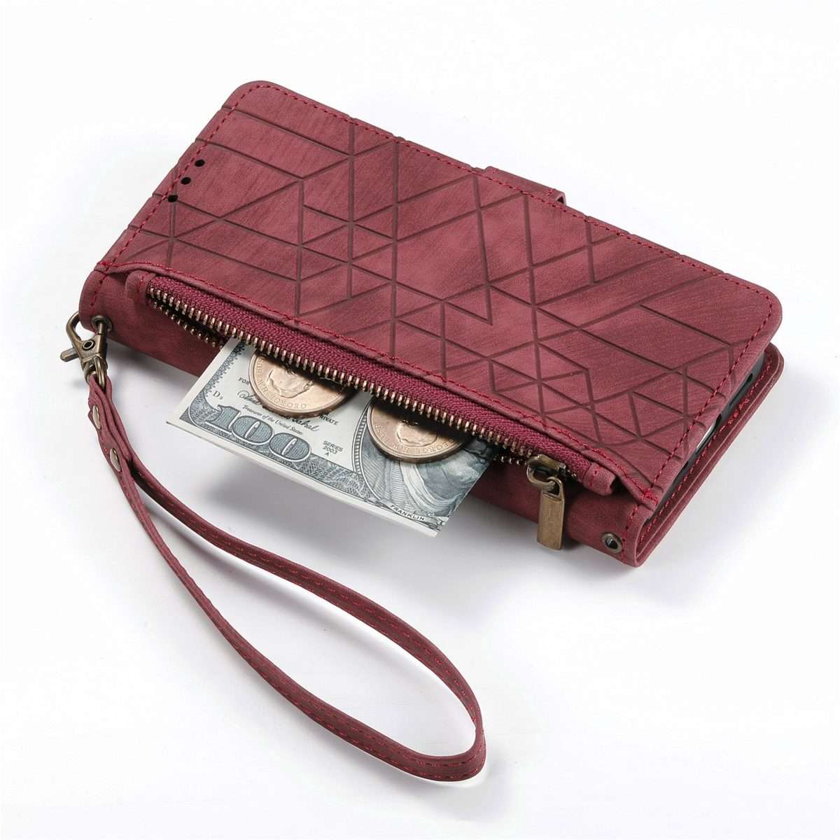 For iPhone 11 Pro Max Geometric Zipper Wallet Side Buckle Leather Phone Case(Red)