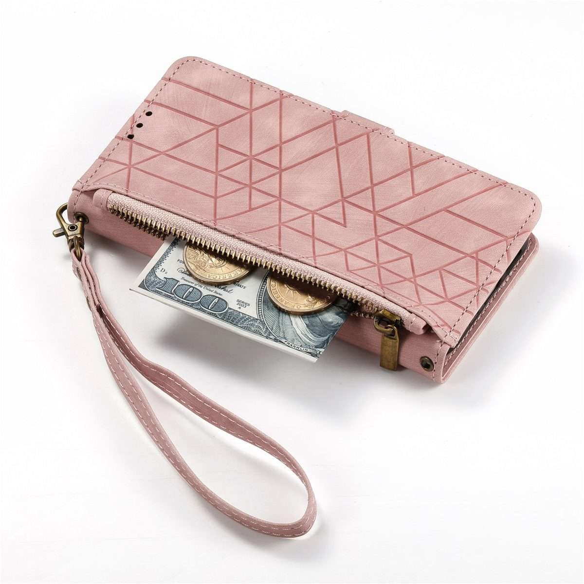 For iPhone 11 Pro Max Geometric Zipper Wallet Side Buckle Leather Phone Case(Pink)