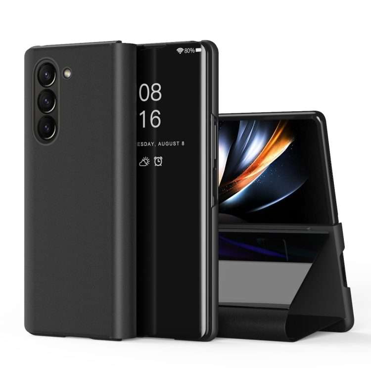 For Galaxy Z Fold 5 5G Plated Mirror Horizontal Flip Leather Phone Case with Holder(Black)