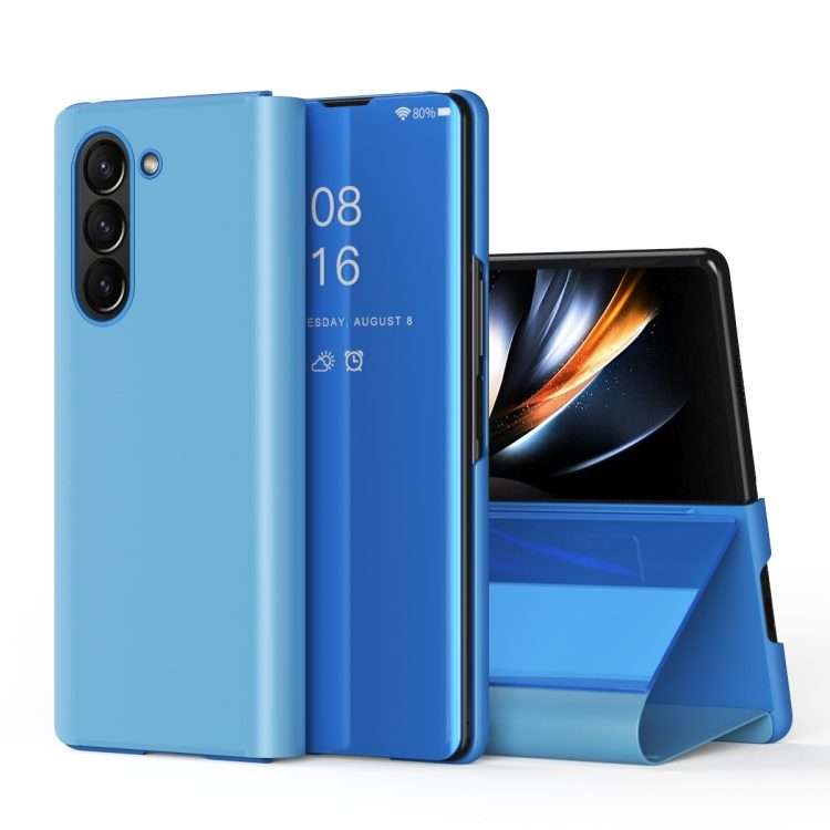For Galaxy Z Fold 5 5G Plated Mirror Horizontal Flip Leather Phone Case with Holder(Blue)