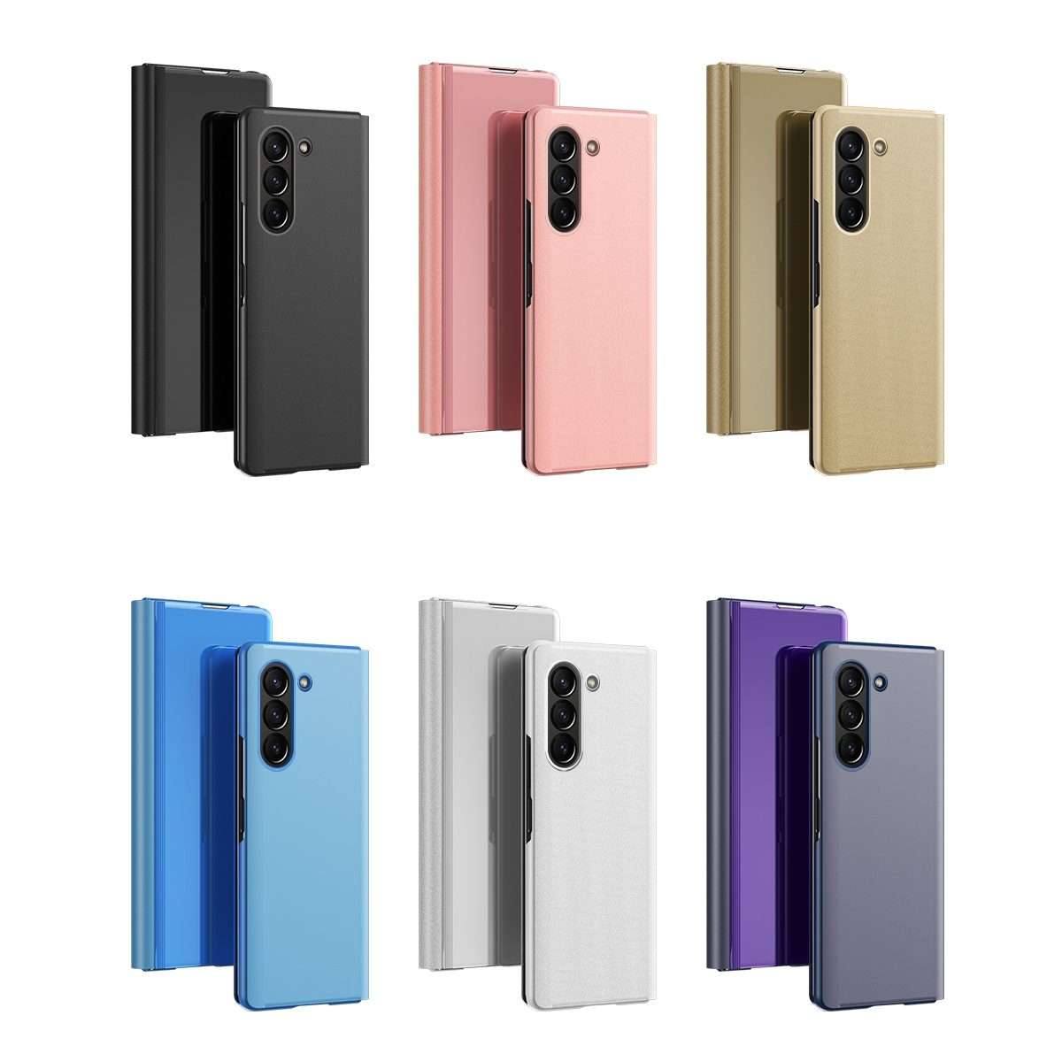 For Galaxy Z Fold 5 5G Plated Mirror Horizontal Flip Leather Phone Case with Holder(Blue)