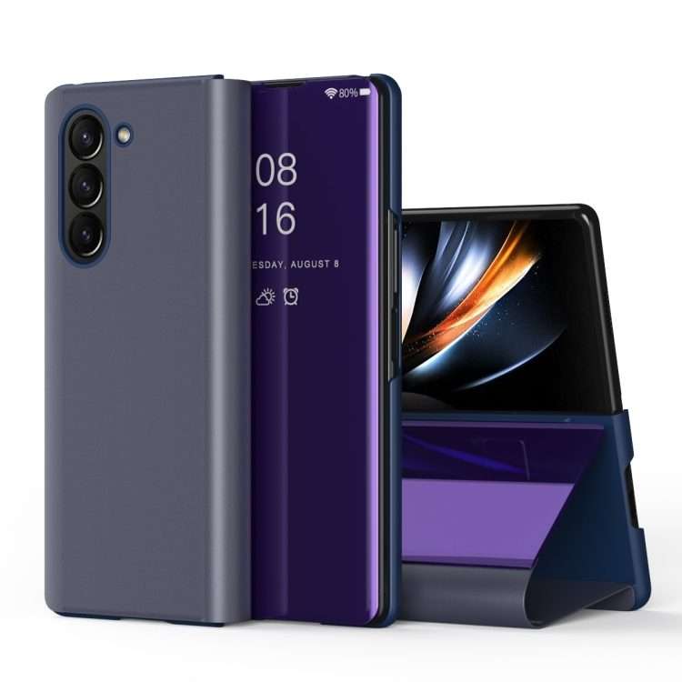 For Galaxy Z Fold 5 5G Plated Mirror Horizontal Flip Leather Phone Case with Holder(Purple Blue)