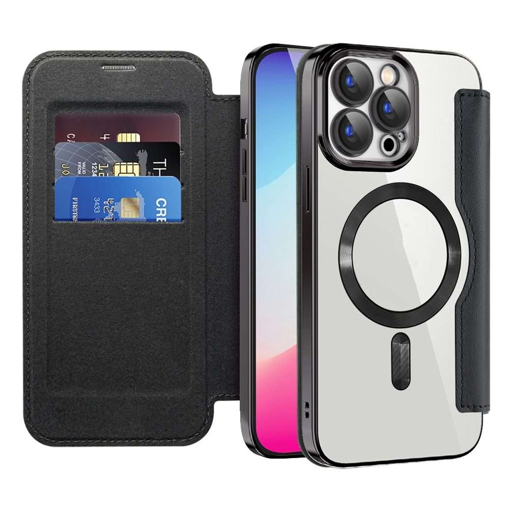For iPhone 15 Pro Shield MagSafe RFID Anti-theft Leather Phone Case(Black)