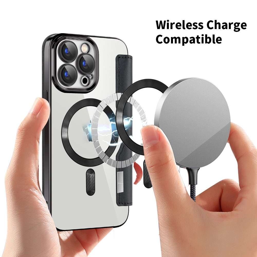 For iPhone 15 Pro Shield MagSafe RFID Anti-theft Leather Phone Case(Black)