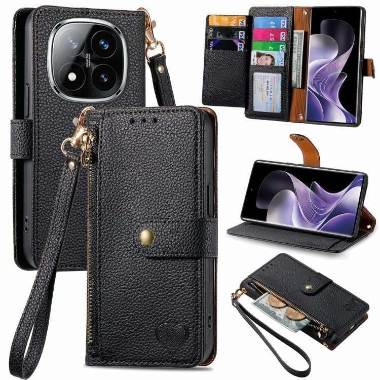 For Xiaomi Redmi Note 14 Pro 5G Love Zipper Lanyard Leather Phone Case(Black)