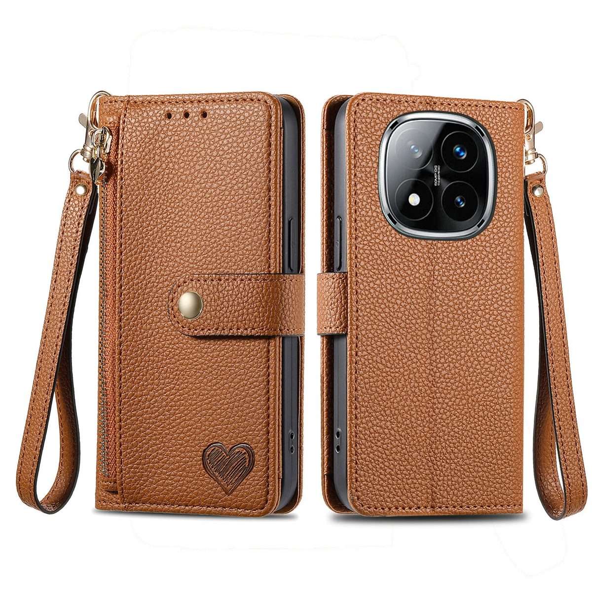 For Xiaomi Redmi Note 14 Pro+ 5G Love Zipper Lanyard Leather Phone Case(Brown)