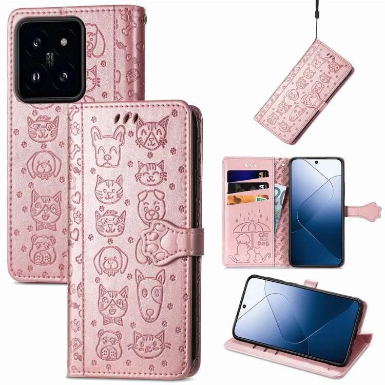 For Xiaomi 14 Pro Cat and Dog Embossed Leather Phone Case(Rose Gold)