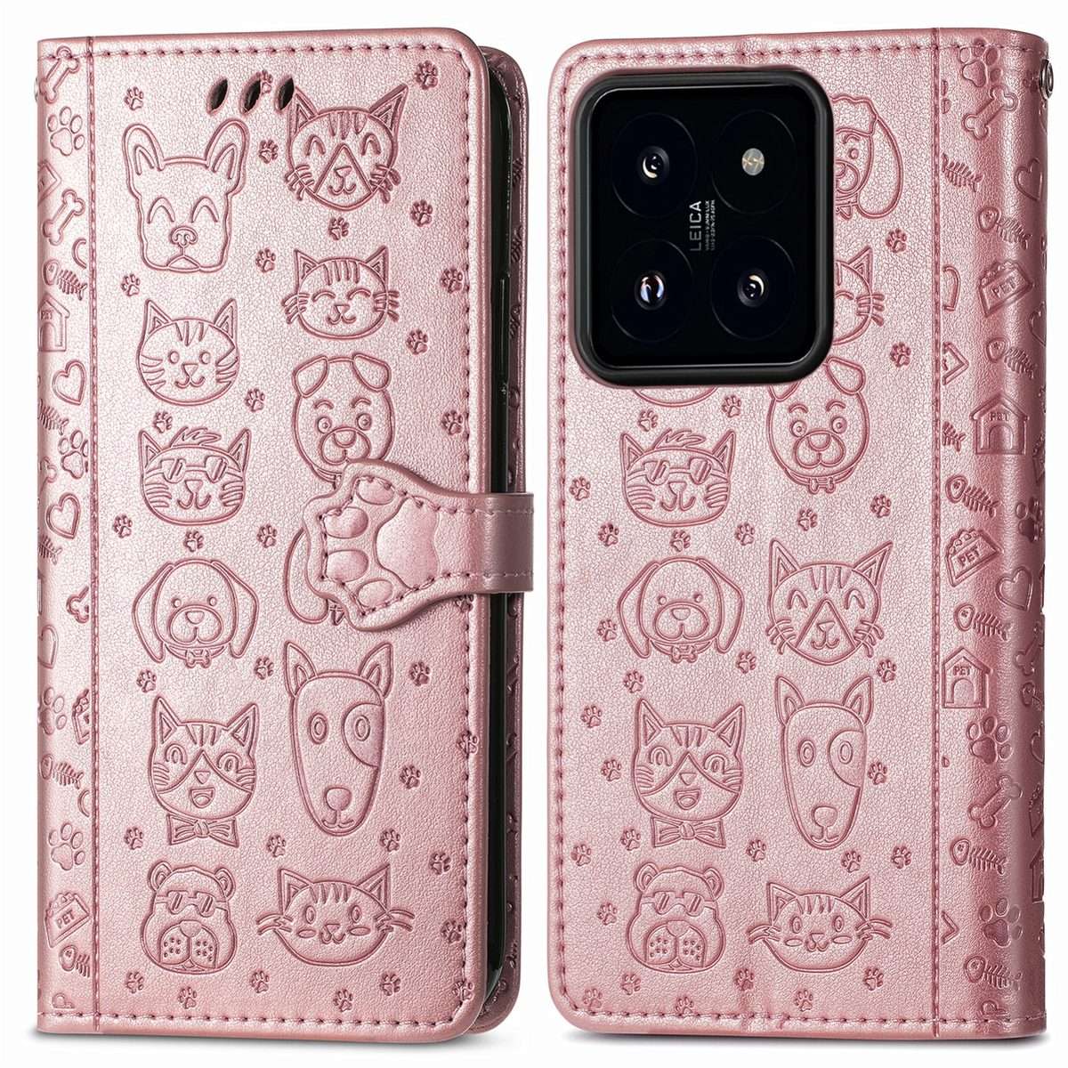 For Xiaomi 14 Pro Cat and Dog Embossed Leather Phone Case(Rose Gold)