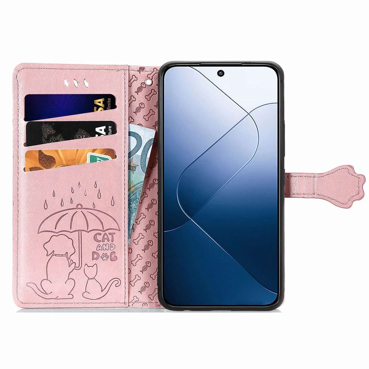 For Xiaomi 14 Pro Cat and Dog Embossed Leather Phone Case(Rose Gold)