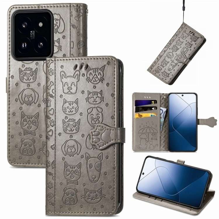 For Xiaomi 14 Pro Cat and Dog Embossed Leather Phone Case(Grey)