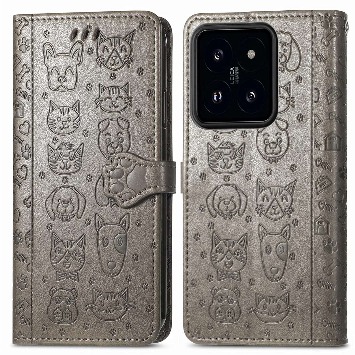 For Xiaomi 14 Pro Cat and Dog Embossed Leather Phone Case(Grey)