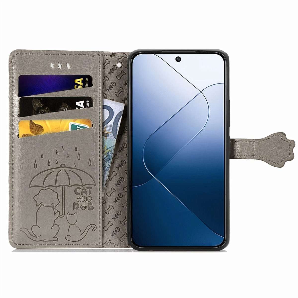 For Xiaomi 14 Pro Cat and Dog Embossed Leather Phone Case(Grey)
