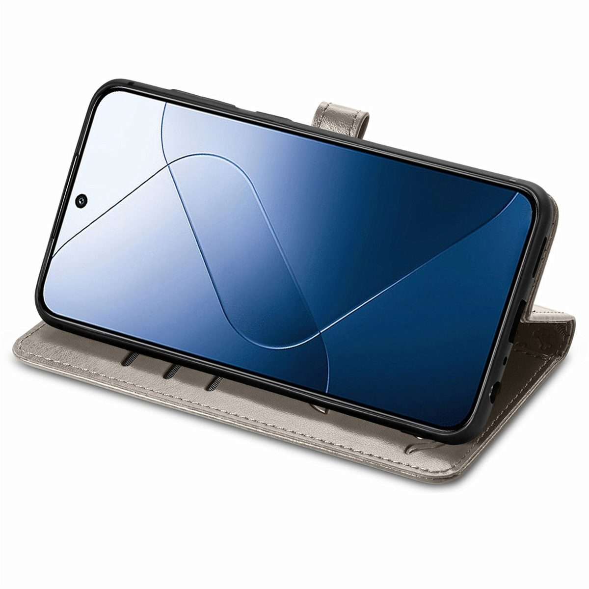 For Xiaomi 14 Pro Cat and Dog Embossed Leather Phone Case(Grey)