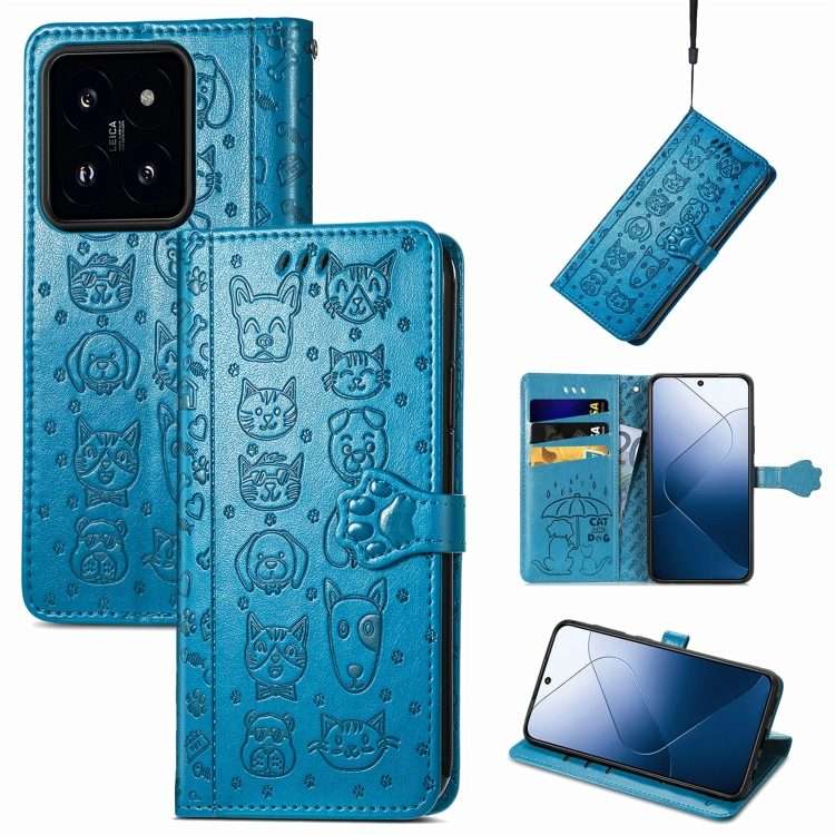For Xiaomi 14 Pro Cat and Dog Embossed Leather Phone Case(Blue)