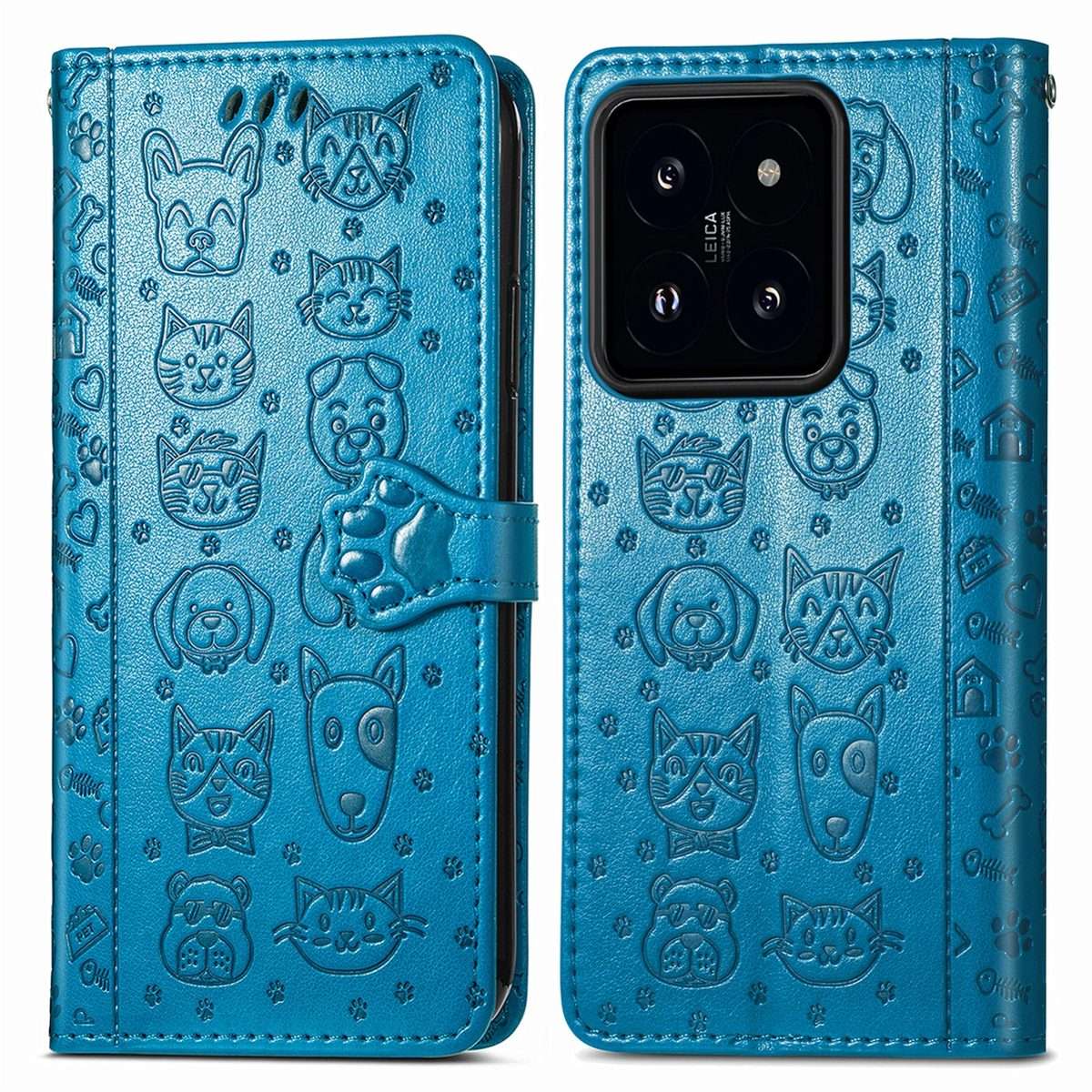 For Xiaomi 14 Pro Cat and Dog Embossed Leather Phone Case(Blue)
