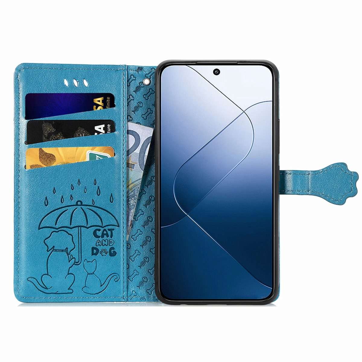 For Xiaomi 14 Pro Cat and Dog Embossed Leather Phone Case(Blue)