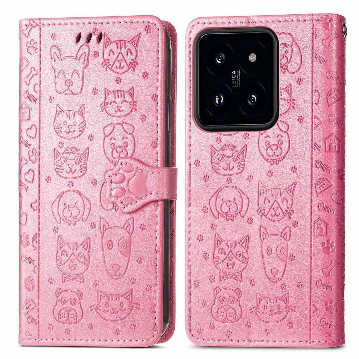 For Xiaomi 14 Pro Cat and Dog Embossed Leather Phone Case(Pink)