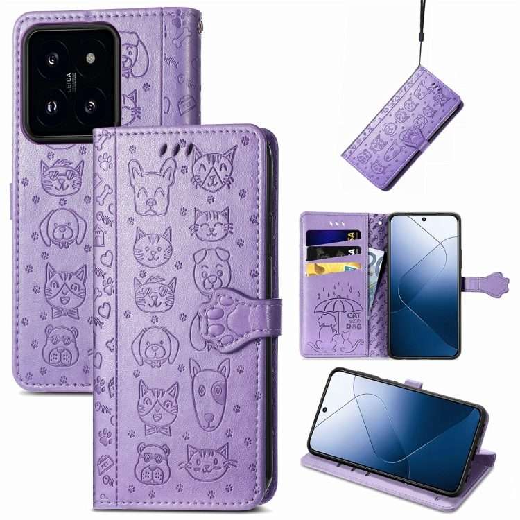 For Xiaomi 14 Pro Cat and Dog Embossed Leather Phone Case(Purple)